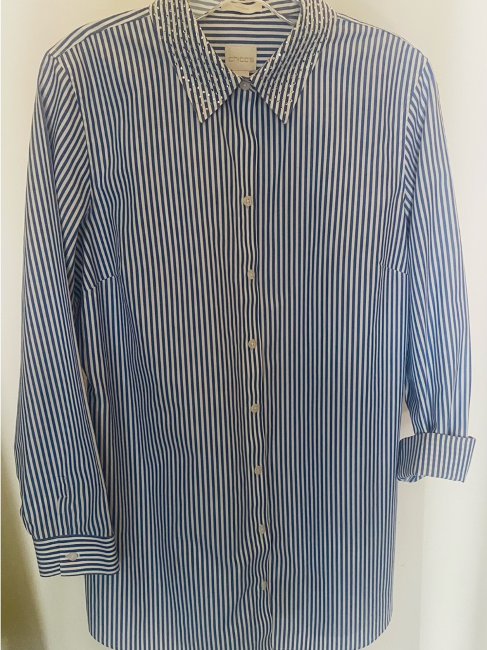 Chico's Navy and White Vertical Stripe, Rhinestone Collar, Button-Down Shirt